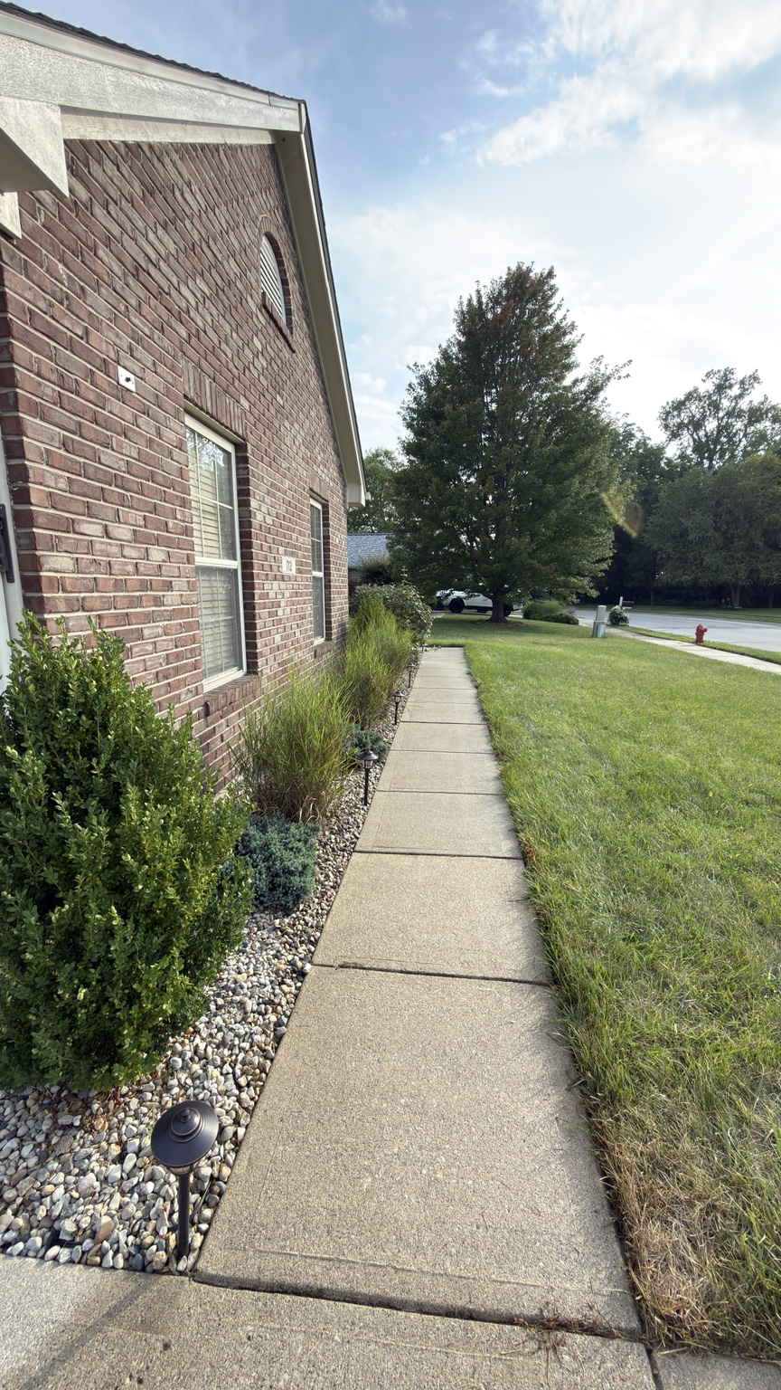 Side walkway along brick house after pressure washing